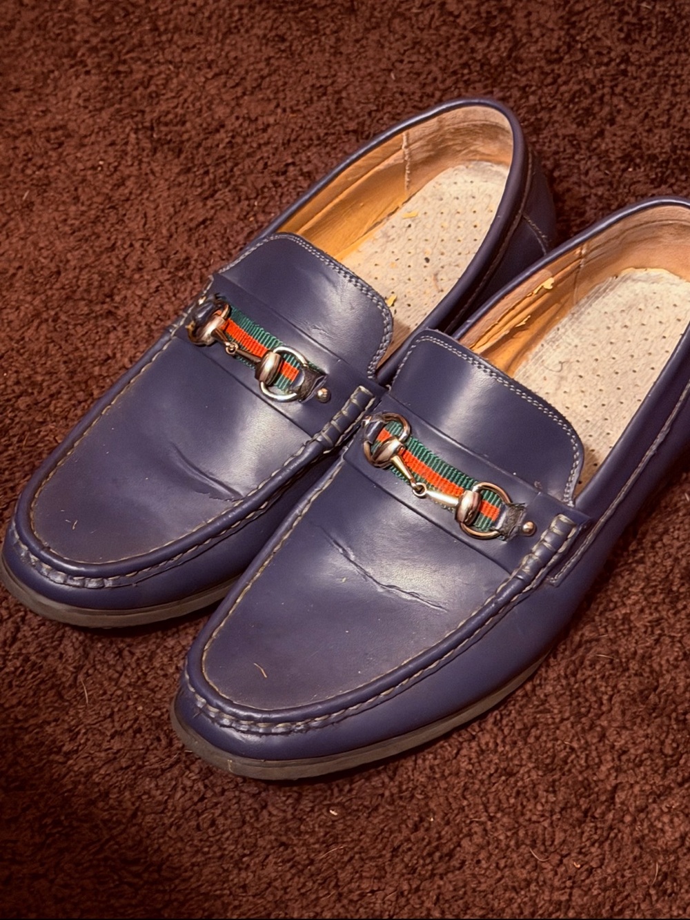 Men's Navy Leather Slip-On Loafers with Red-Green Accent